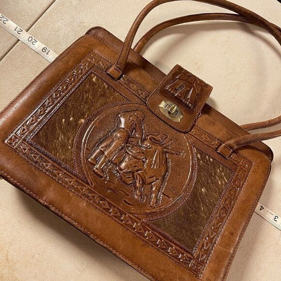 Vintage 70's Aztec Mont-Abur Tooled Leather Cow Hide Brown Handbag from Mexico - Picture 1 of 16